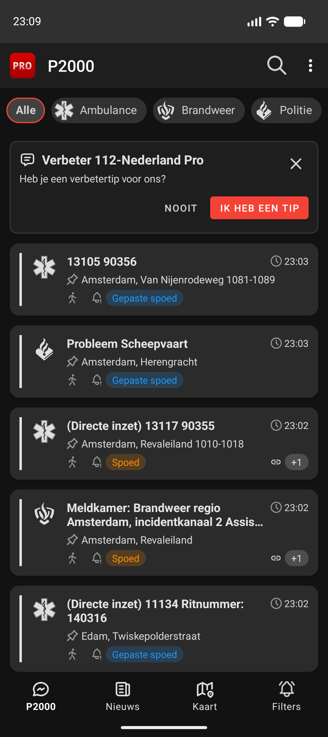 Feedbackbanner met de knoppen Nooit en Ik heb een tip