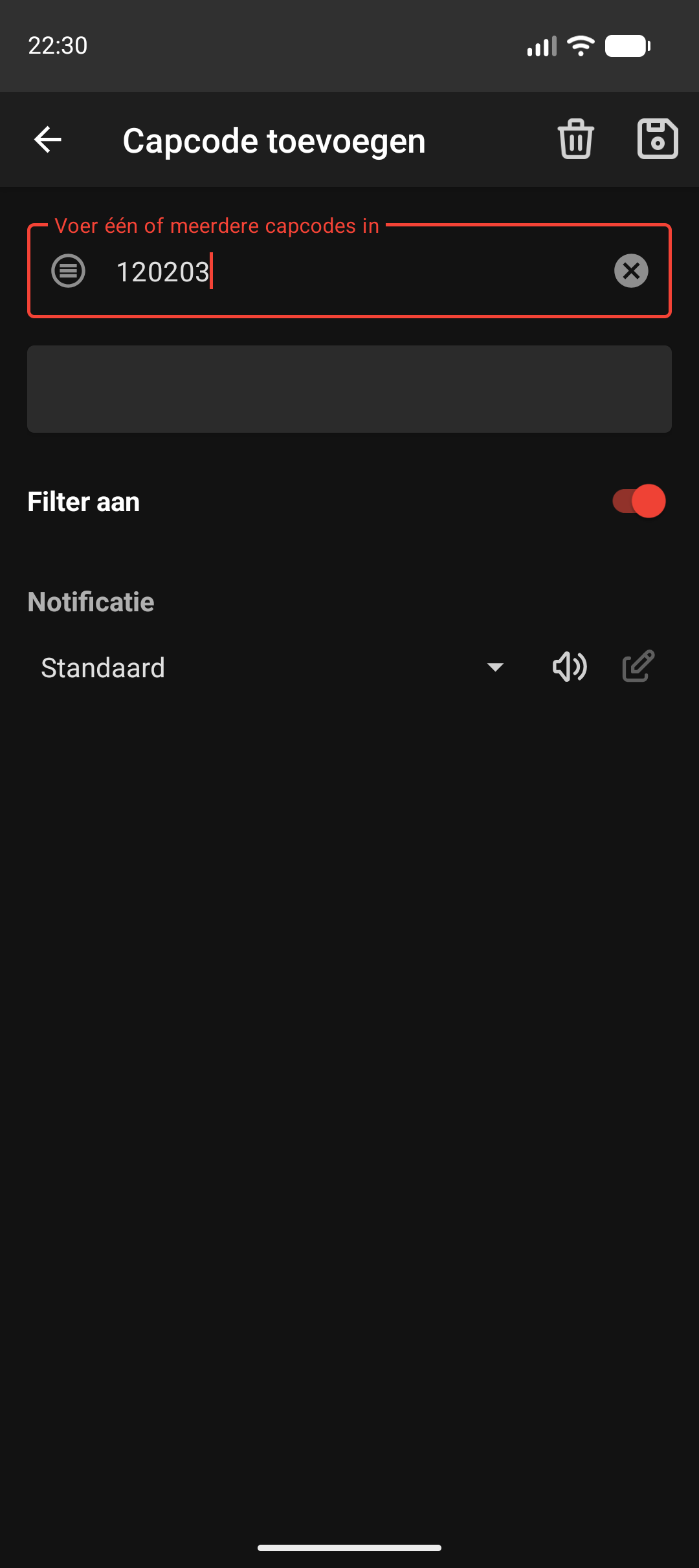 Scherm om handmatig een capcode toe te voegen