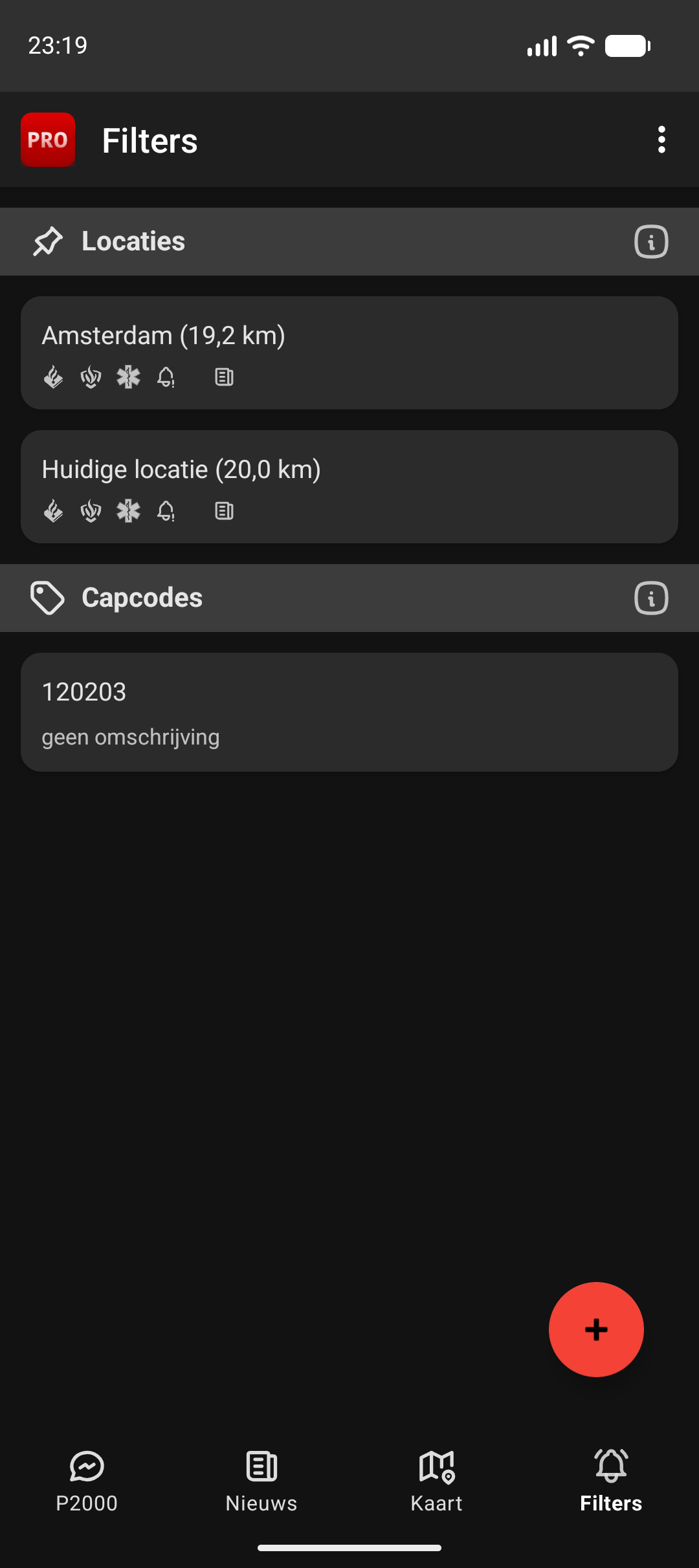 Filters-tabblad met de secties Locaties en Capcodes, en de ronde plusknop rechtsonder