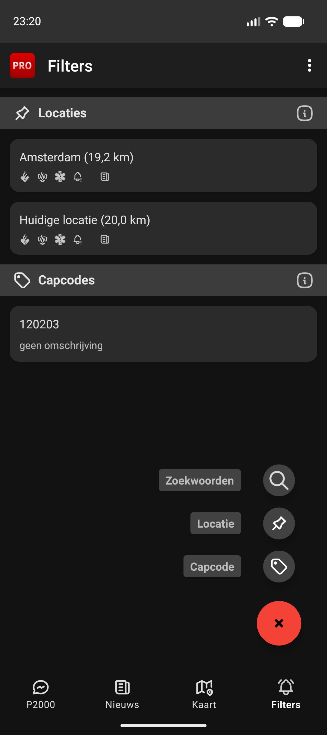 Geopend plusmenu met de opties Zoekwoorden, Locatie en Capcode