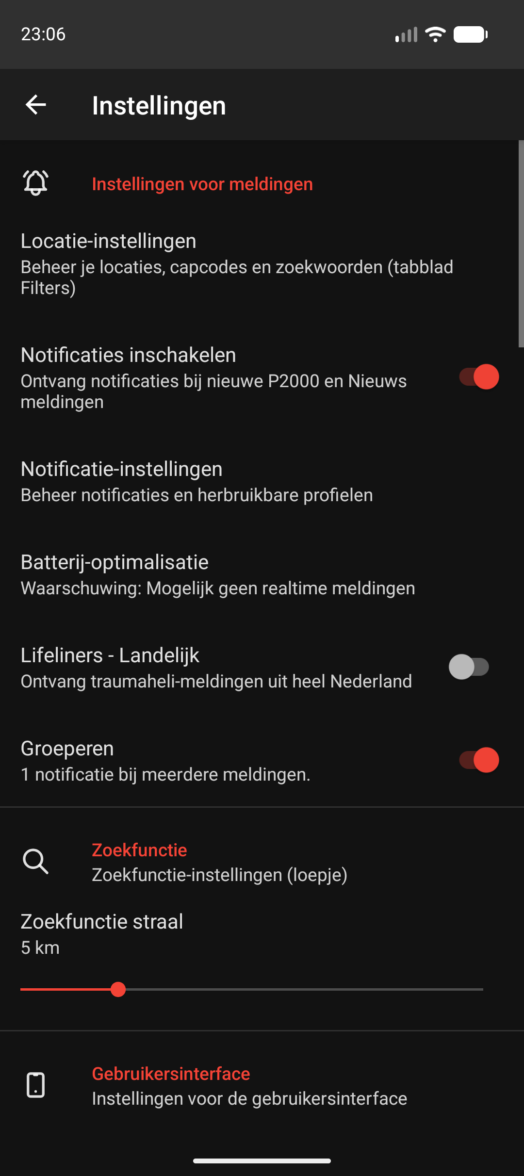 Instellingen, bovenkant met Locatie-instellingen, Notificaties inschakelen, Notificatie-instellingen, Batterij-optimalisatie, Lifeliners - Landelijk, Groeperen en het begin van Zoekfunctie