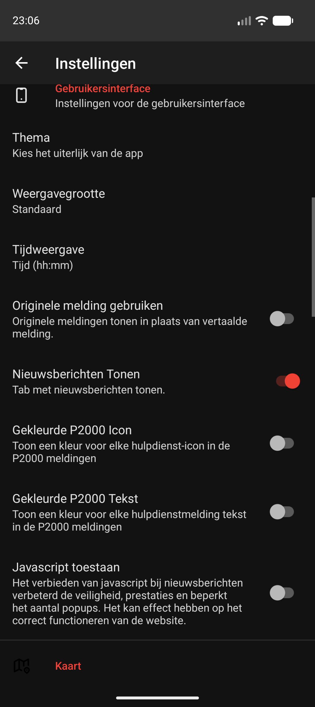 Gebruikersinterface: Thema, Weergavegrootte, Tijdweergave, Originele melding gebruiken, Nieuwsberichten tonen, Gekleurde P2000 Icon, Gekleurde P2000 Tekst, Javascript toestaan