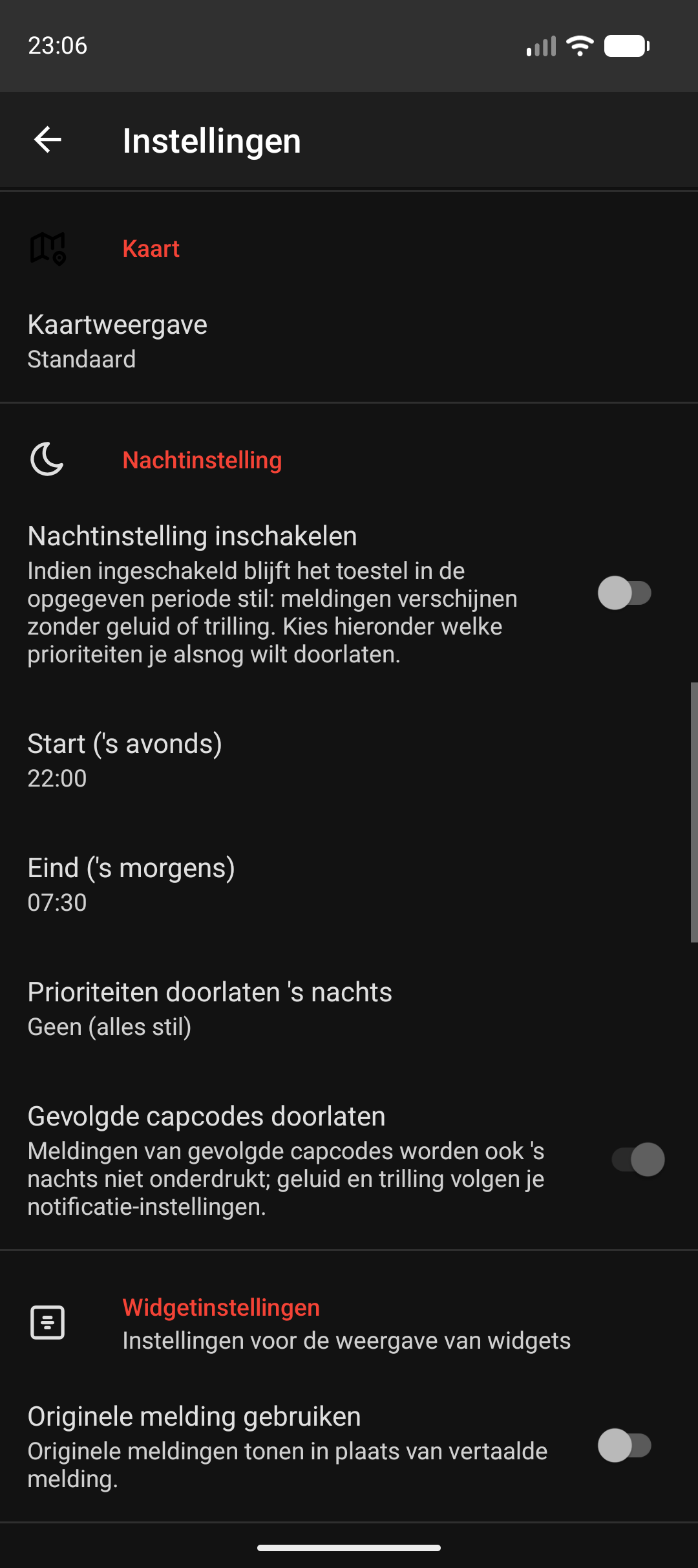 Kaart met Kaartweergave, Nachtinstelling en het begin van Widgetinstellingen