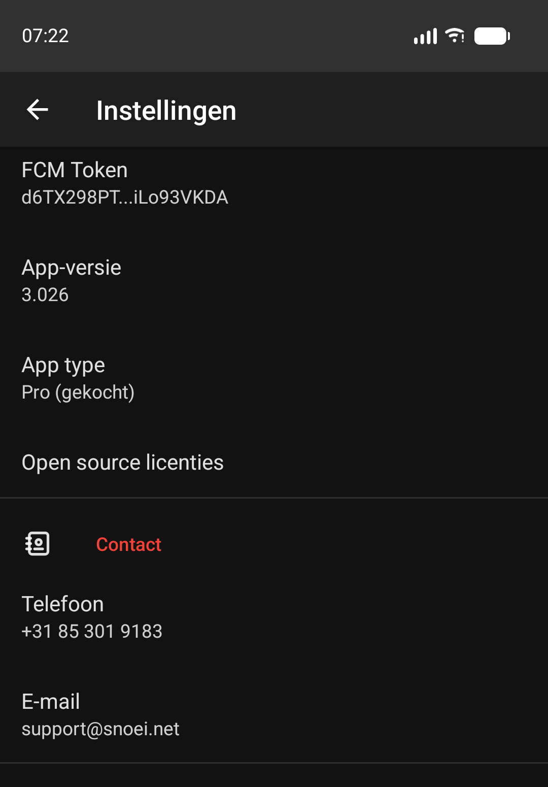 Apparaat Informatie (FCM Token, App-versie, App type, Open source licenties) en Contact (telefoon, e-mail)