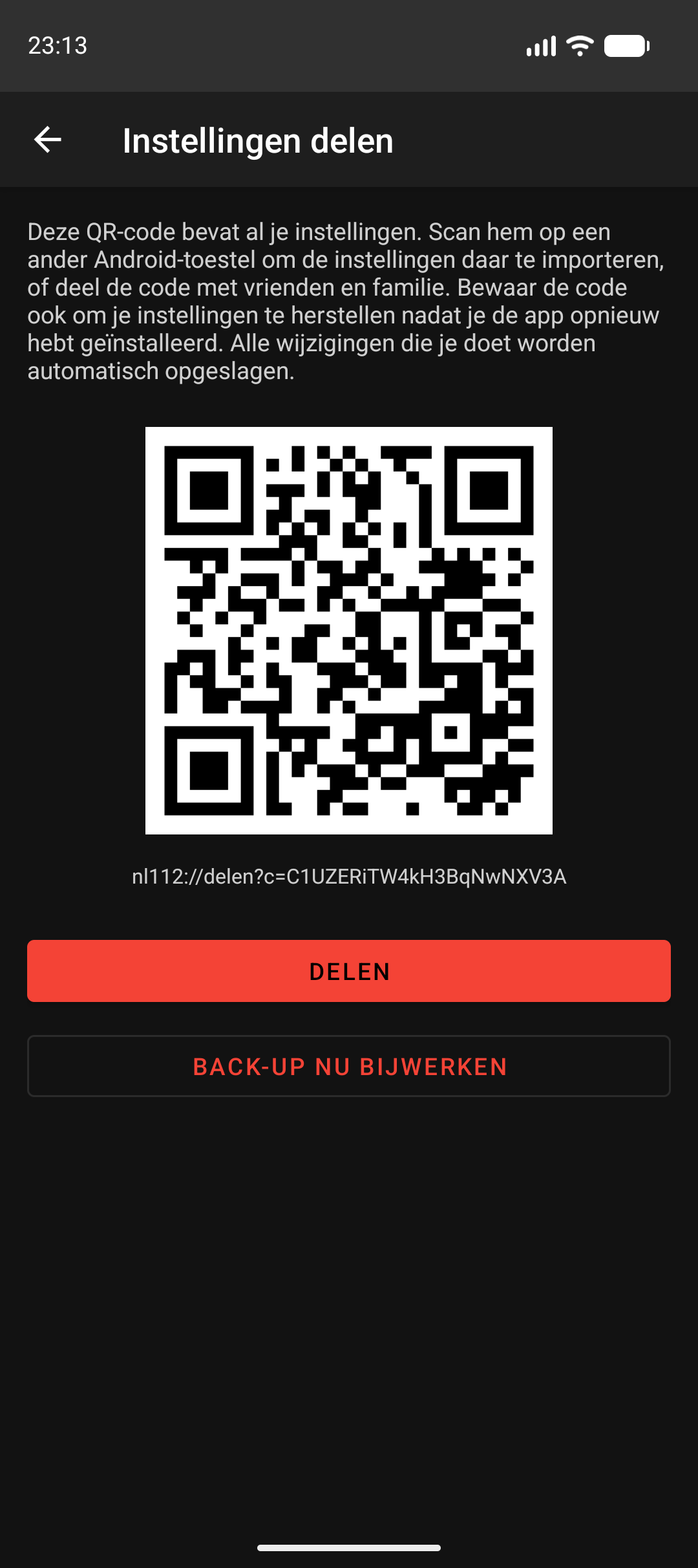 Het scherm Instellingen delen met QR-code, code-tekst en de knoppen Delen en Back-up nu bijwerken