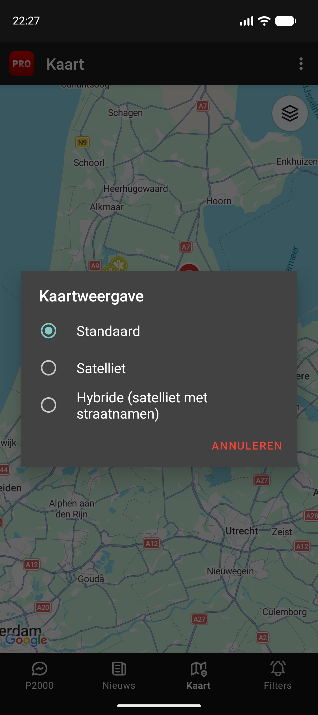 Menu om het kaarttype te wisselen, via het laagjes-icoon rechtsboven op de kaart