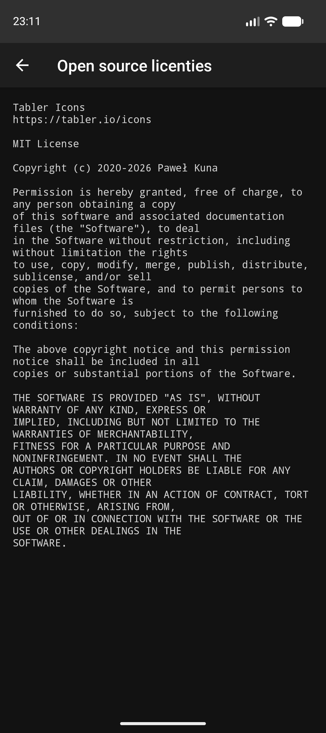 Open source licenties-scherm met licentietekst