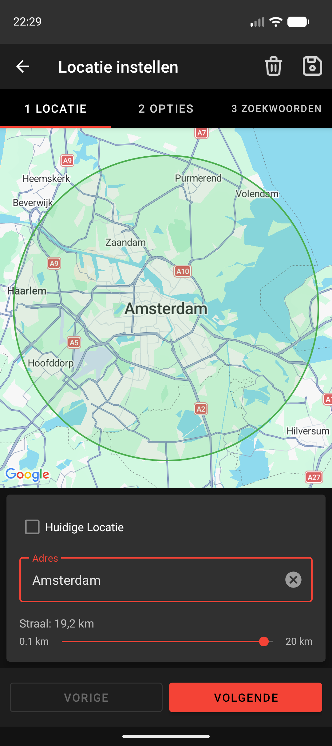 Stap 1 van de locatie-wizard: kaart met straalcirkel, adresveld en straal-schuifregelaar