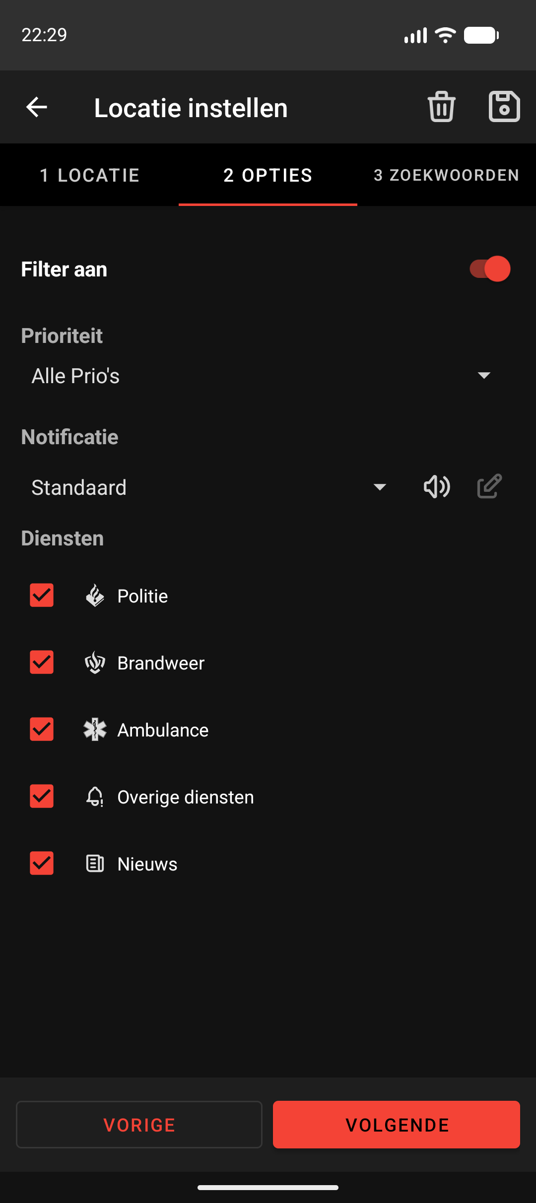 Stap 2 van de locatie-wizard: filter aan/uit, prioriteit, notificatieprofiel en dienst-vinkjes