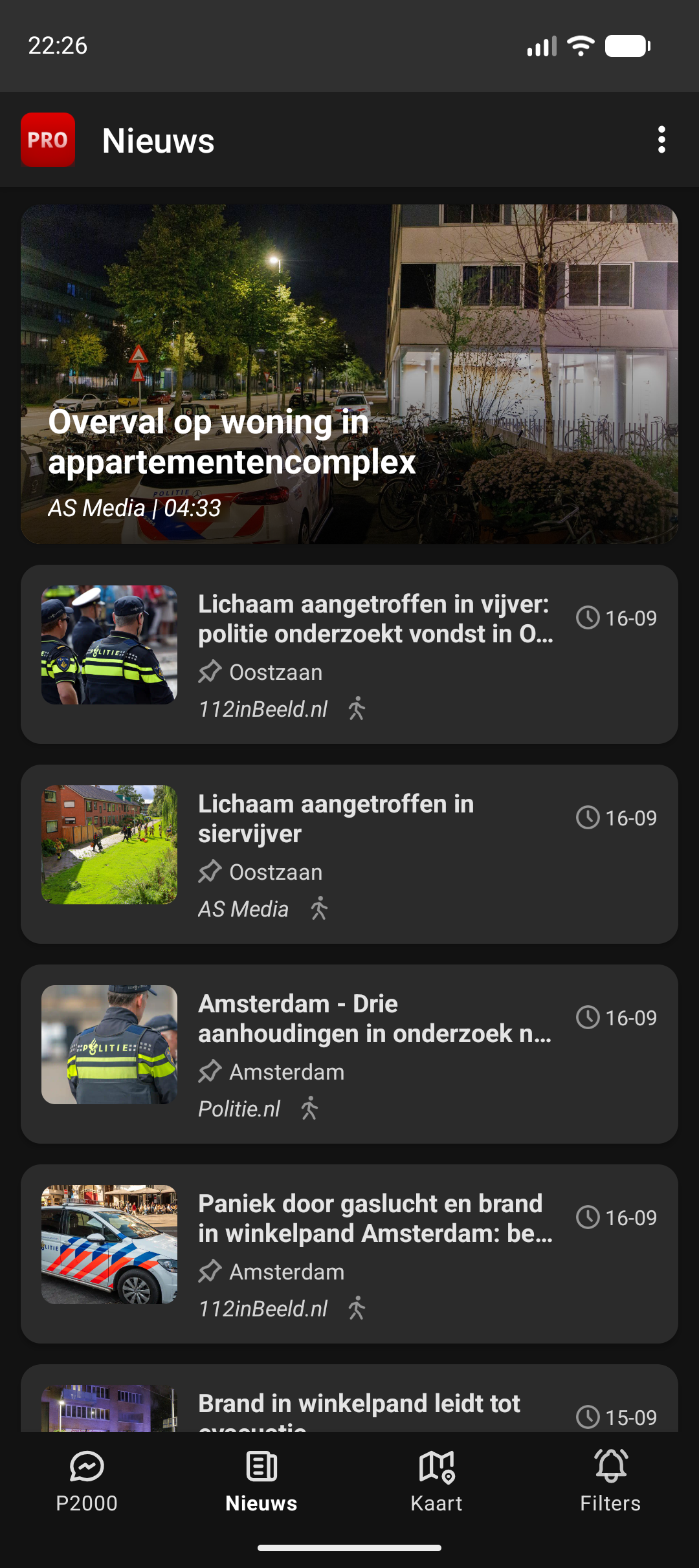 Nieuws-tabblad met uitgelichte afbeelding en een lijst met nieuwsberichten