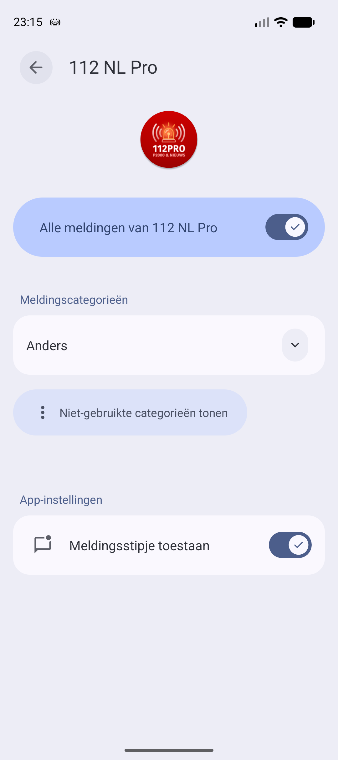 Android-systeeminstellingen voor het notificatiekanaal Standaard: alle meldingen aan/uit, meldingscategorieën, meldingsstipje
