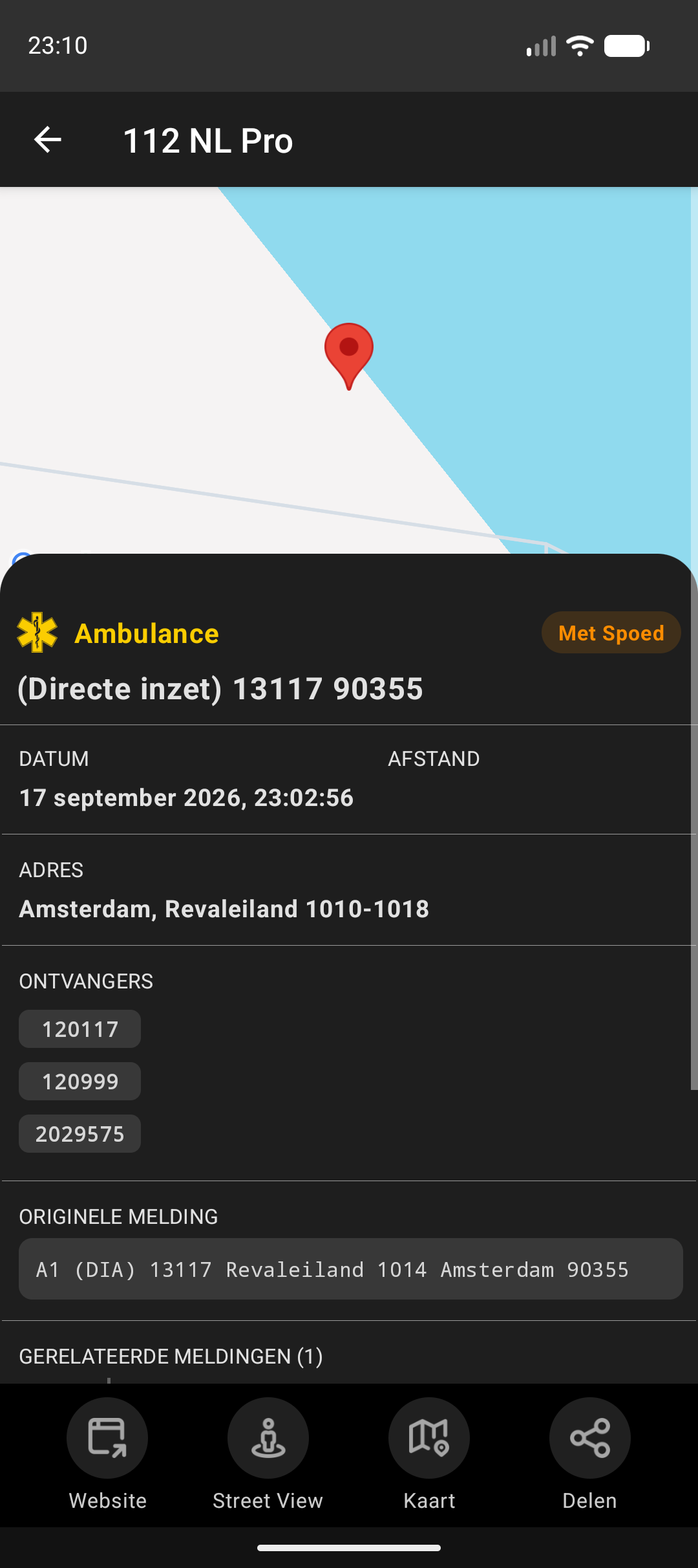 Detailscherm van een melding met kaart, gegevens en knoppenbalk