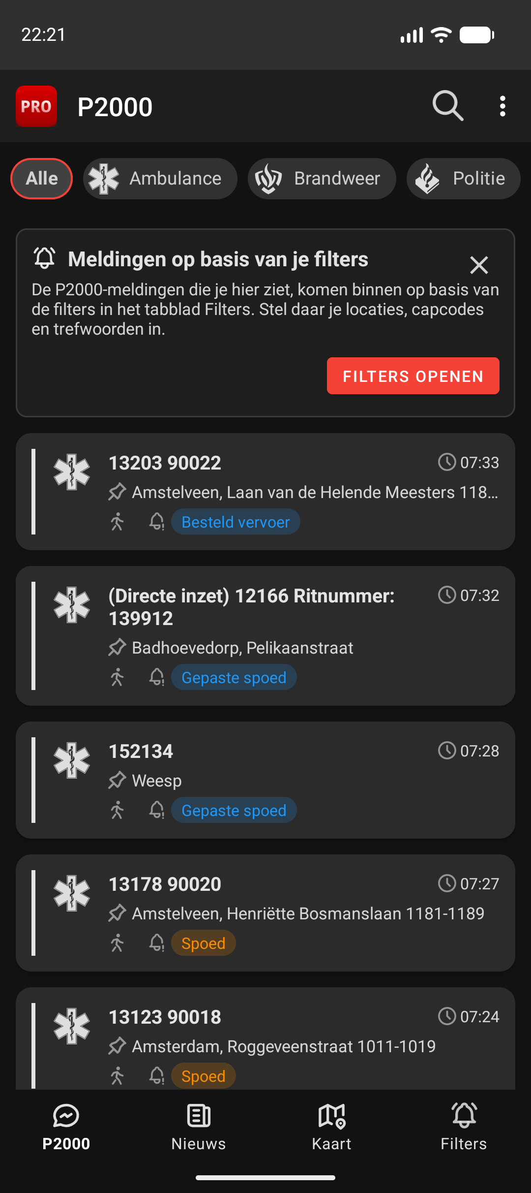 P2000-tabblad met een lijst van meldingen