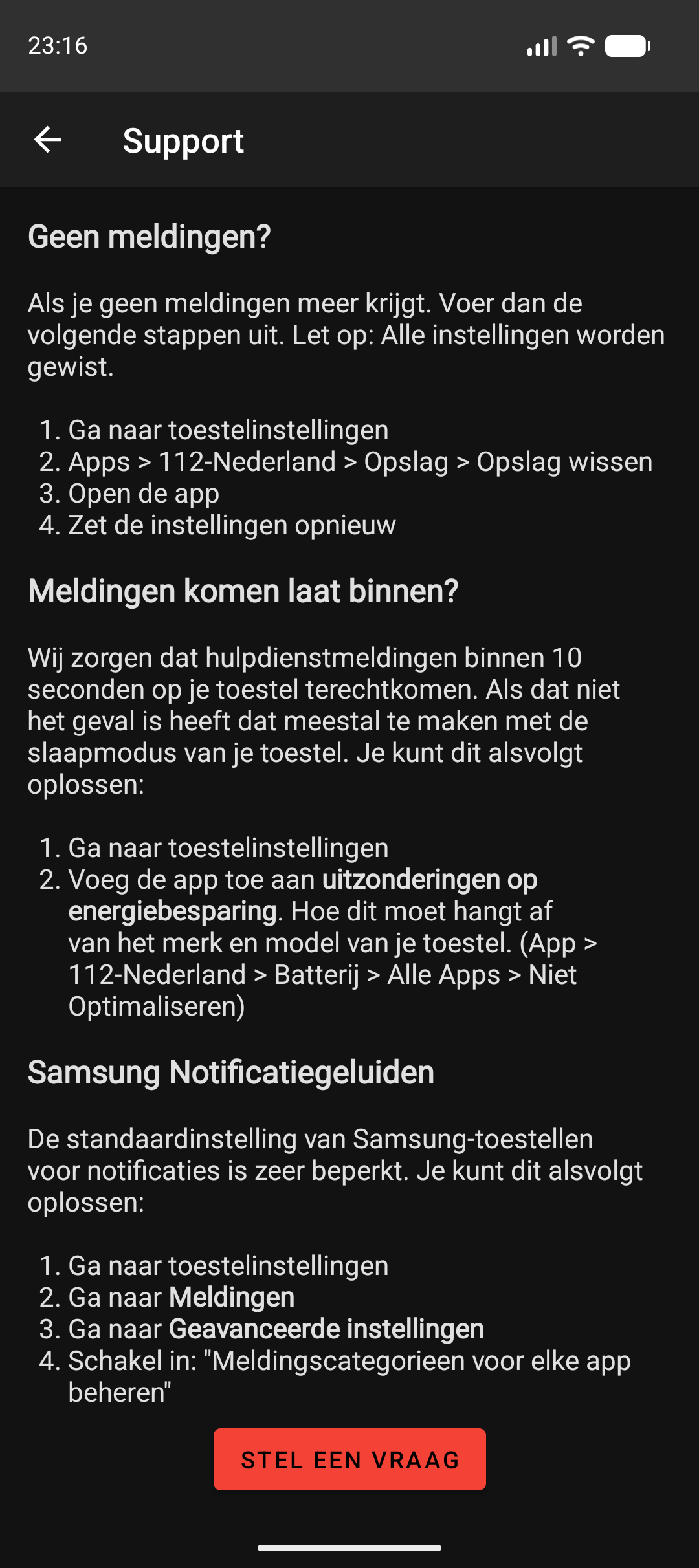 Support-scherm met veelgestelde vragen/oplossingen: 