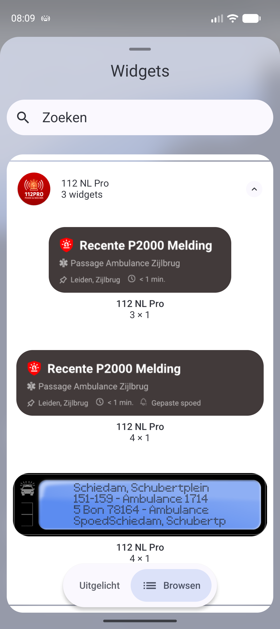 De drie widgets van 112 Nederland naast elkaar in de widgetkiezer: 3×1, 4×1 en de pagerstijl-widget