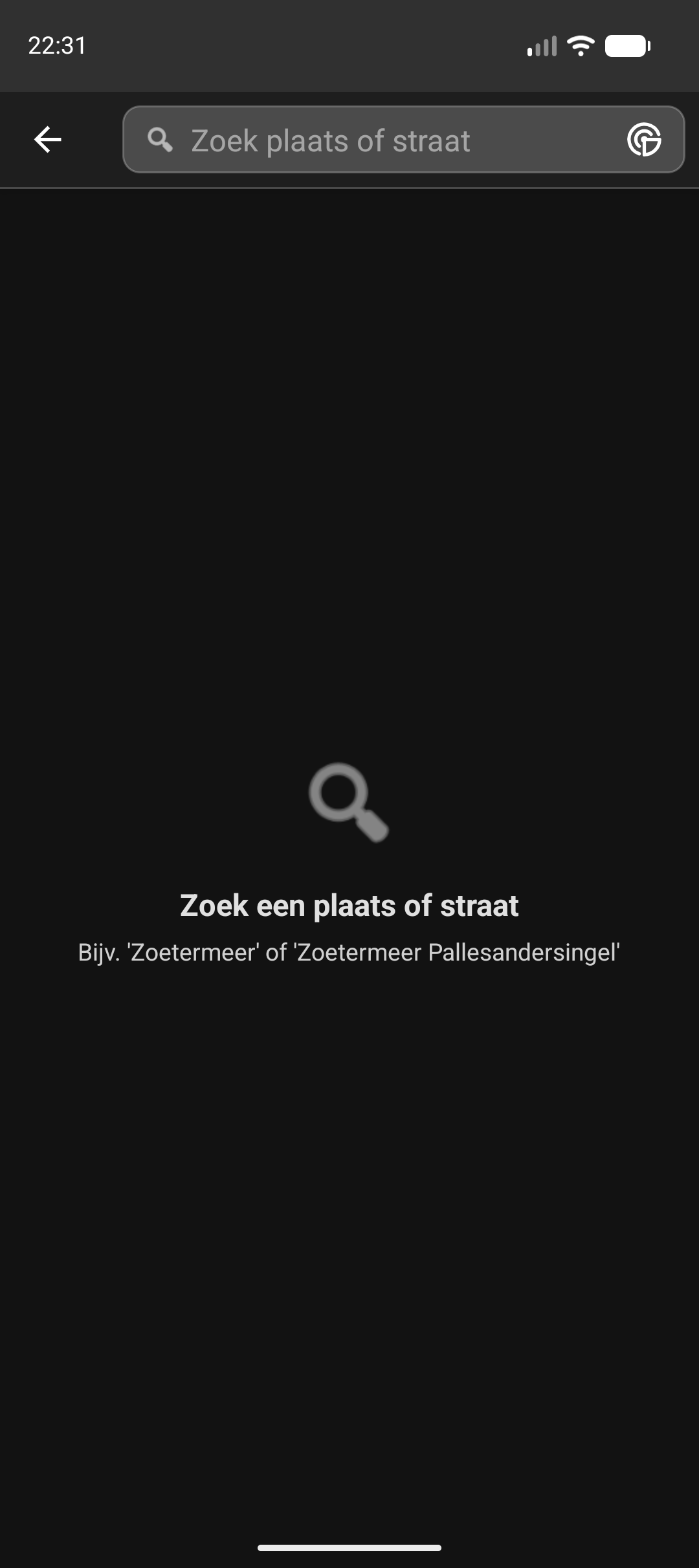 Zoekscherm in lege staat, nog niets ingetypt