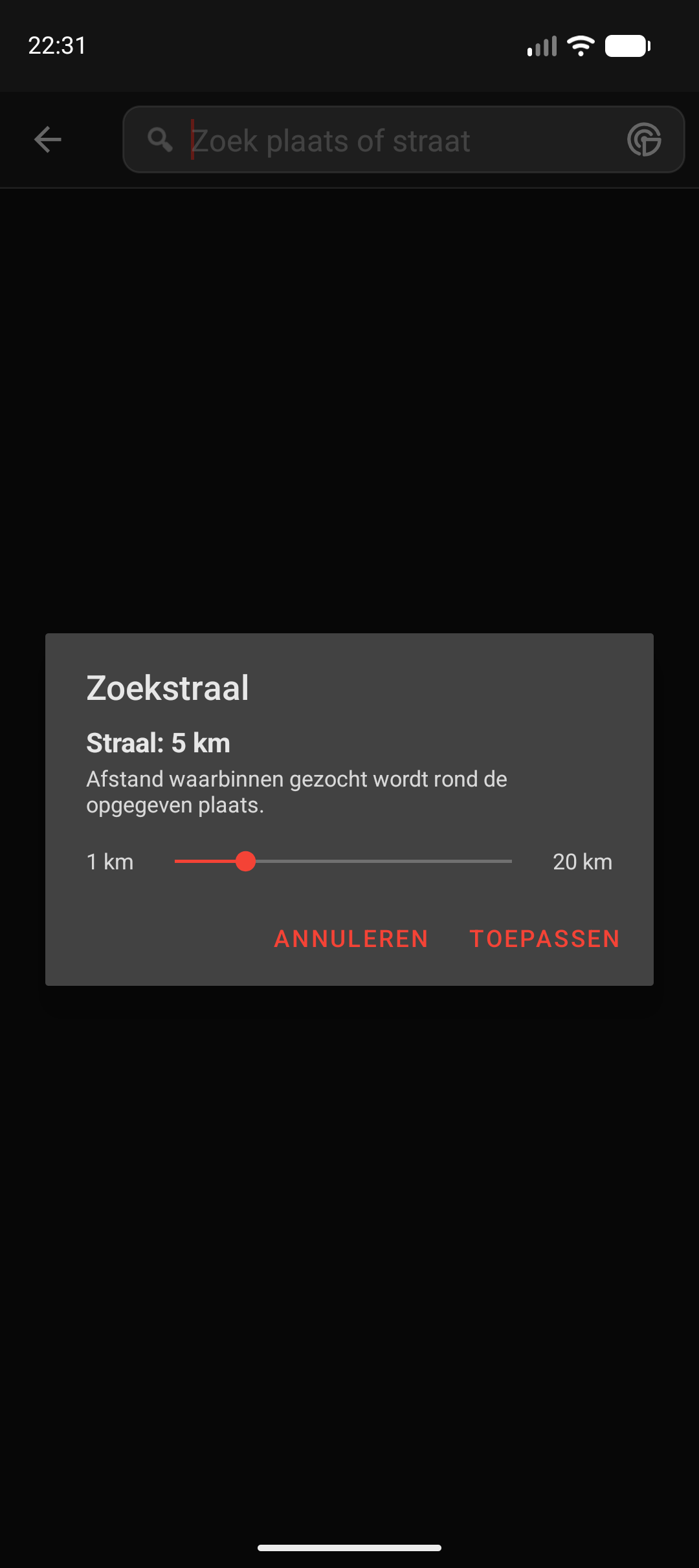 Dialoogvenster om de zoekstraal in te stellen